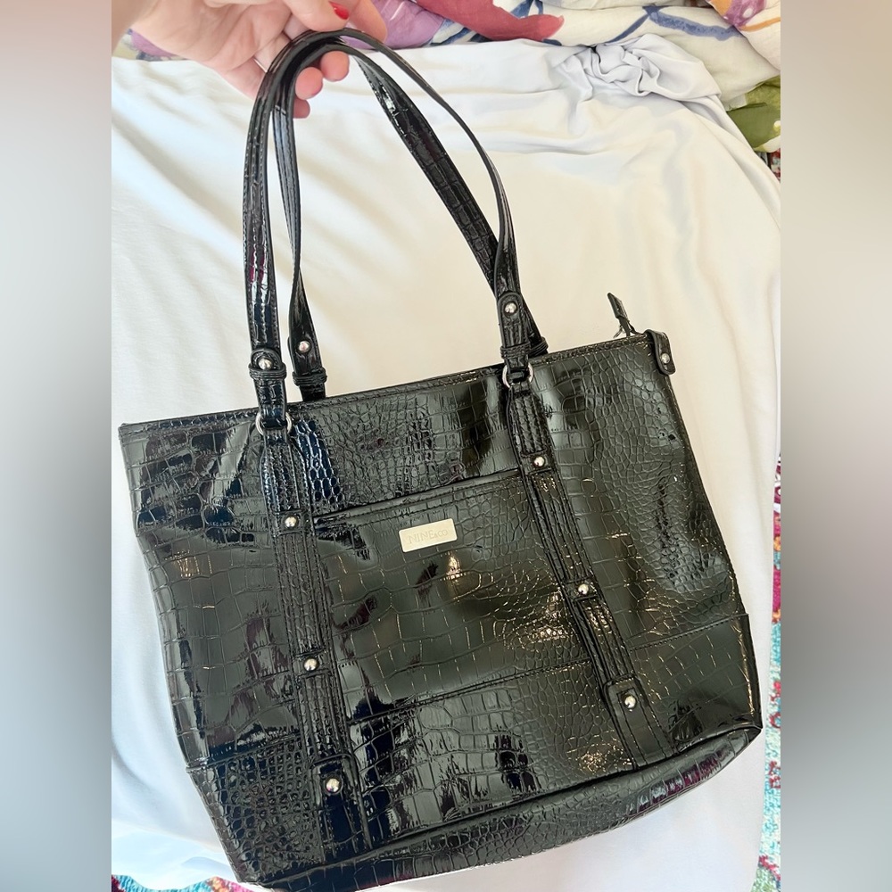 Black Croc-Print Patent Leather Tote